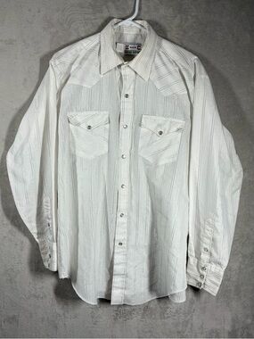 Vintage H Bar C Pearl Snap Western Shirt Mens 16.5 35 White Silver Striped Rodeo
